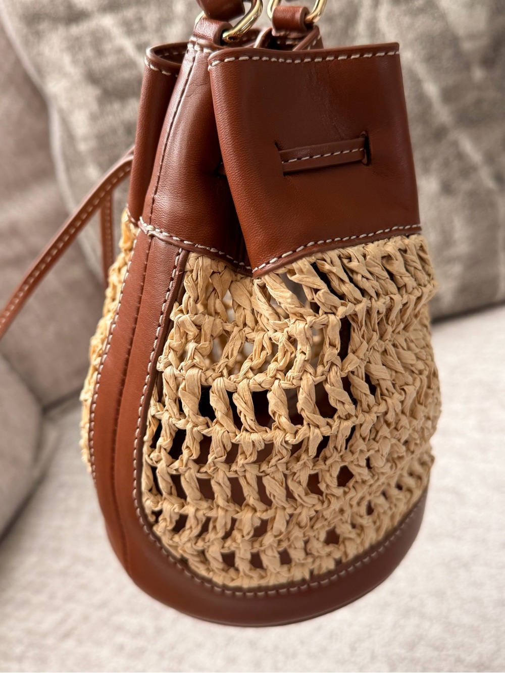 J. Crew Drawstring Brown English Saddle Leather & Straw Mini Bucket Bag #OA3 - Picture 10 of 16